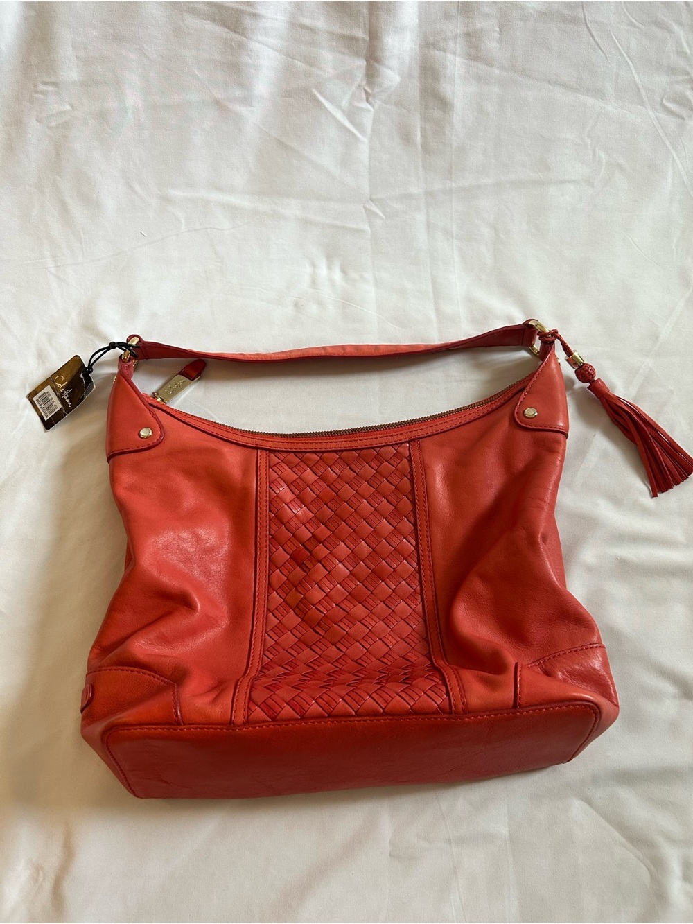 Cole Haan Coral-Red Woven Panel Shoulder Bag with Tassel